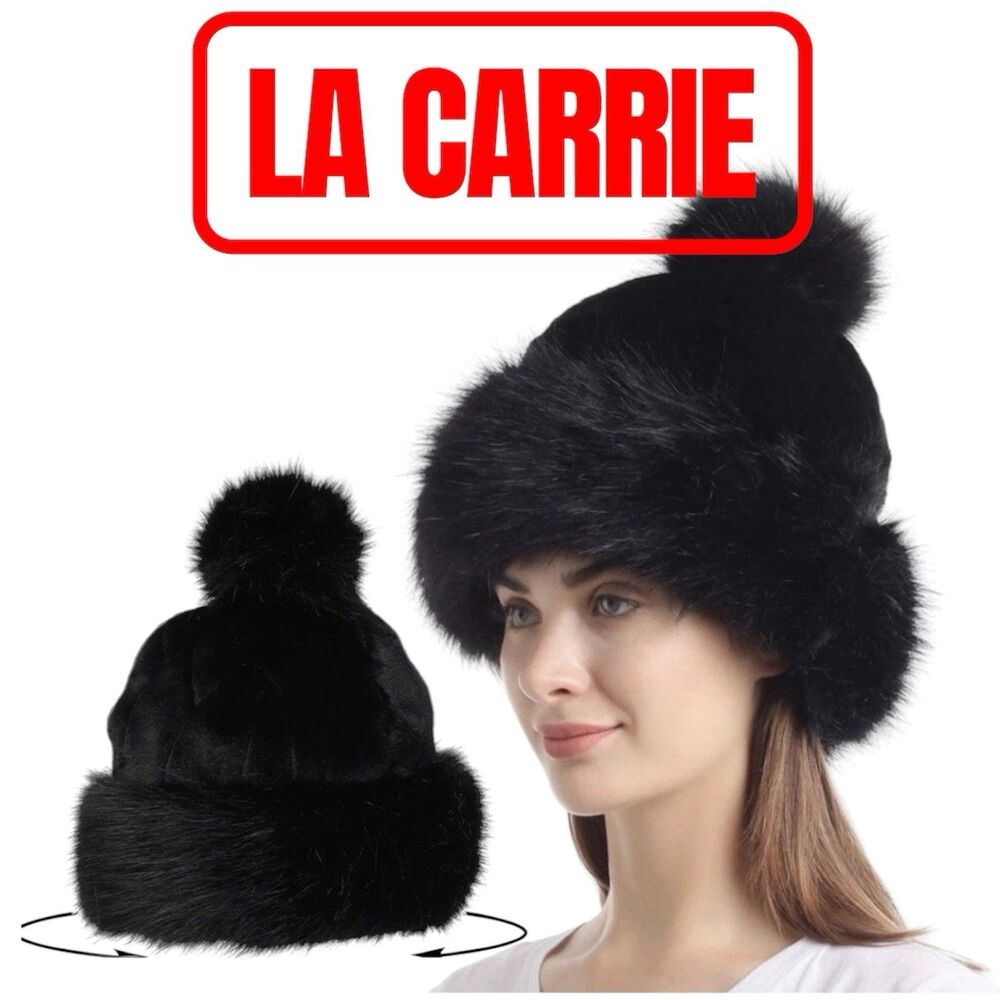 LA CARRIE Women's Faux Fur Hat Russian Cossack Pompom One Size Beanie Black